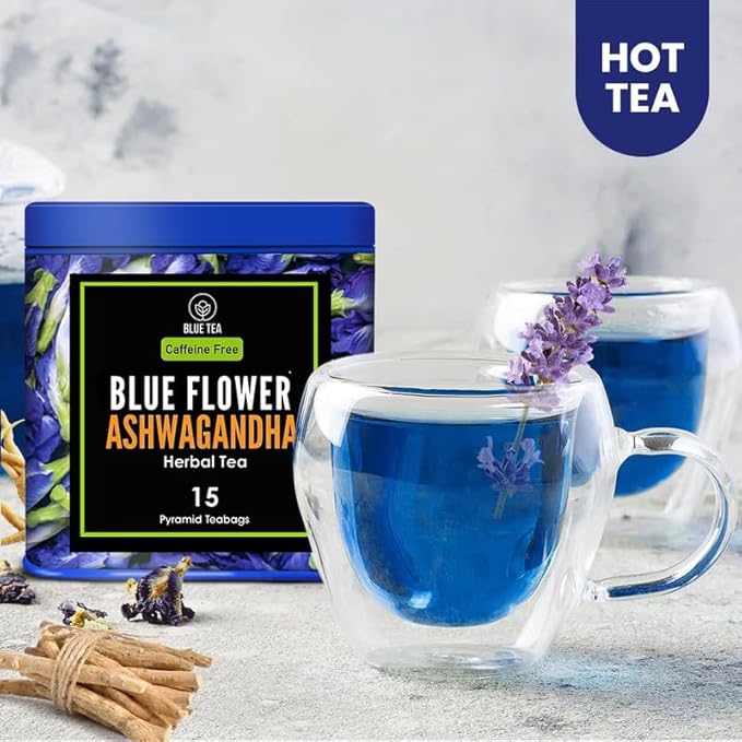 BLUE TEA - Butterfly Pea Flower Tea - Ashwagandha - 15 Count - Pyramid Plant Based Tea Bag | ANTIOXIDANT RICH | Caffeine Free - Flower Based - Detox Tea - Non-GMO | Reusable Tin Pack - Bloomnest
