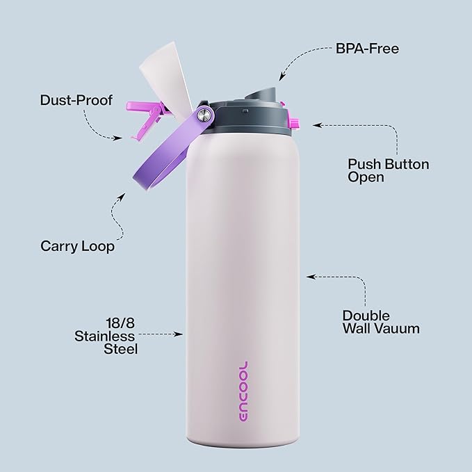 Insulated Water Bottle with Straw - Encool Stainless Steel Water Bottle with Push Button Lid, Leak-Proof & BPA-Free, Keeps Cold for 24 Hours for Sports, Travel, Gym (40 oz, Oyster Pink) ENCOOL