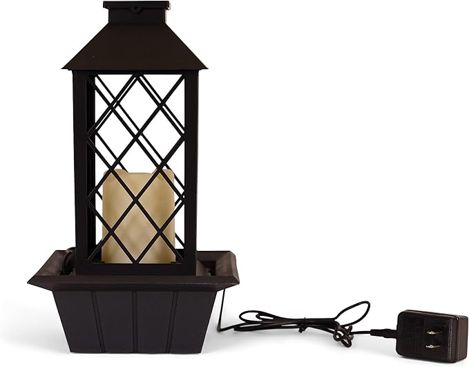 Zingz & Thingz Water Feature Tabletop Fountain Candle Lantern, Decorative Light Home Decor, 13.5" Tall, Black - Bloomnest