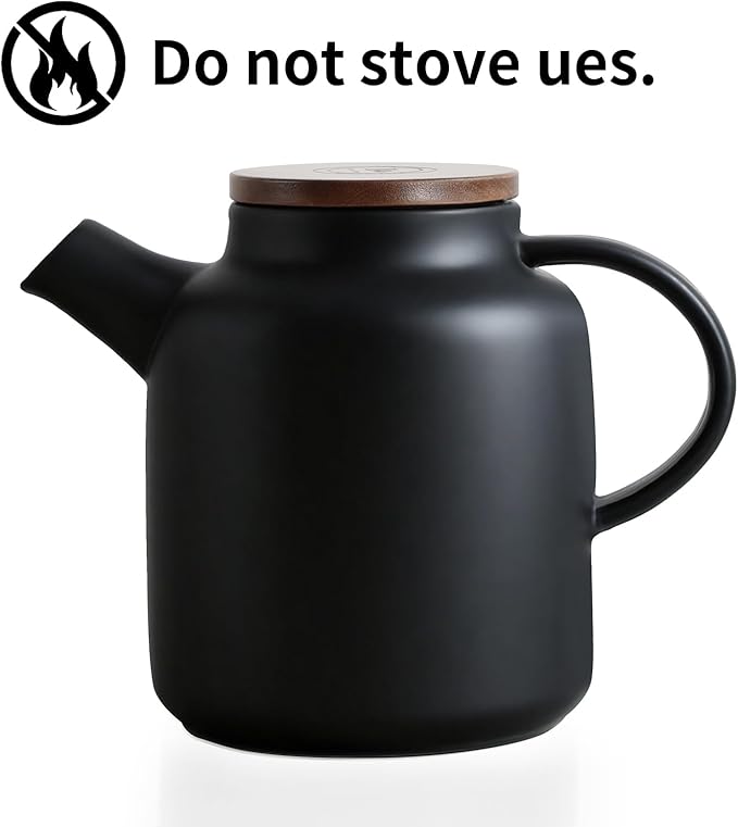 Yundu 1500ml / 50 oz Ceramic Teapot with Infuser & Wood Lid - Matte Black, Loose Leaf Tea Pot with Removable Strainer, Large Capacity - Bloomnest