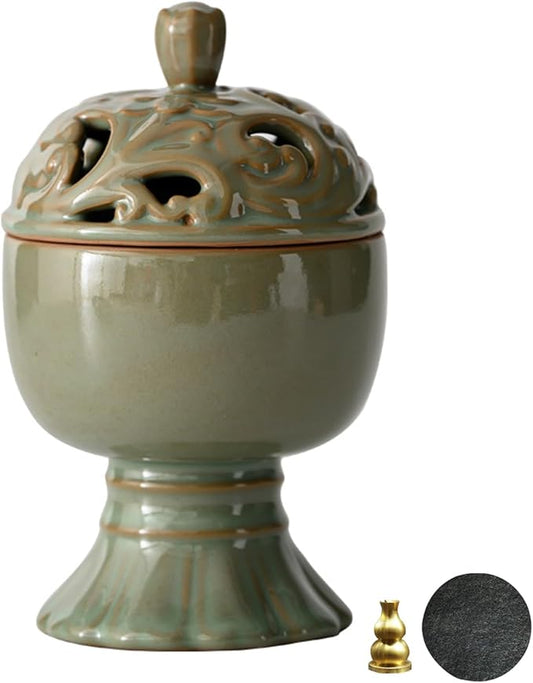 Ceramic Incense Burner with Lid,Boshan Incense Cone Holder for Coil Incense and Powder Incense,Mediation Gift,Home Decor (Green) - Bloomnest