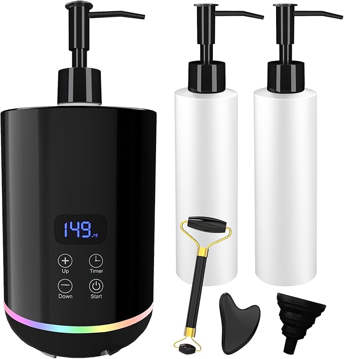 Lotion Warmer, Yofuly Massage Oil Bottle Digital Heater with Atmosphere Light, Portable Electric Cream Heated Dispenser Gua Sha Roller Kit for Spa, Salon and Home Use, Black - Bloomnest