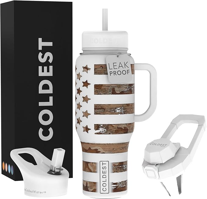 Coldest Tumbler with Handle and Straw - 100% Leak Proof Insulated Tumbler with Lid and Straw (3 Lids) - Stainless Steel Tumblers for Women & Men - Cup Holder Friendly Base, 36 oz (The Patriot) - Bloomnest