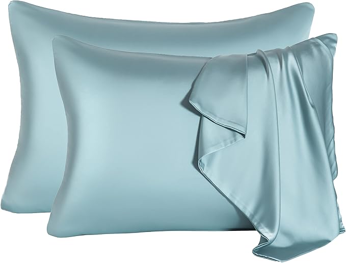 2 Pcs Mulberry Silk Pillowcase for Hair and Skin,Cooling Silk Pillow Case with Hidden Zipper,Allergen Proof Dual Sides Soft Breathable Smooth Silk Pillow Cover for Women.(Standard-2PCS,Aqua Blue) - Bloomnest
