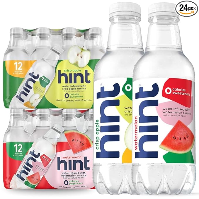 Hint Bottled Water, Crisp Apple and Watermelon - Purified Flavored Water with Zero Calories, Sugar Free, Natural Flavors - 16 Fl Oz (Pack of 24) - Bloomnest
