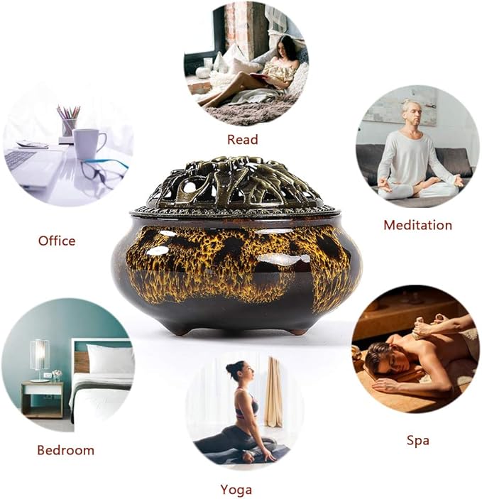 Incense Burner with Calabash Incense Stick Holder - Porcelain Charcoal Censer for Use with Resin Granular Powder Cone or Coil Incense (Fambe Yellow) - Bloomnest