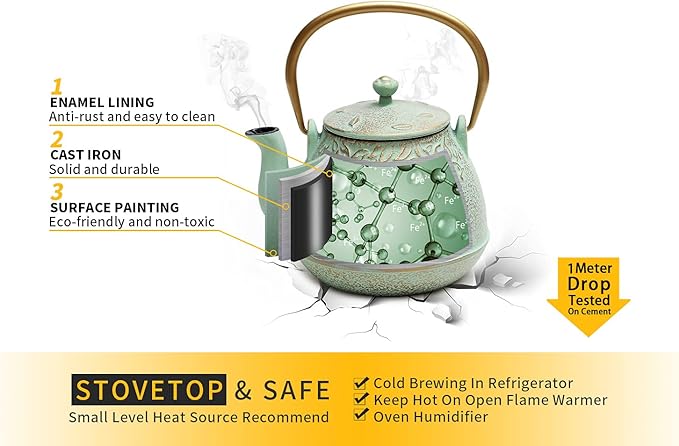 TOPTIER Japanese Teapot with Stainless Steel Infuser, Cast Iron Tea Kettle Stovetop Safe, Leaf Design Coated with Enameled Interior for 32 Ounce (950 ml), Light Green - Bloomnest