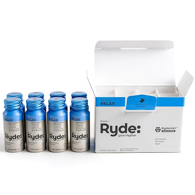 Ryde: Relax Shot | Raspberry Flavor | Lemon Balm, L-Theanine, Ginseng & Chamomile | 0 Calories, 0 Sugar | 2 FL OZ Shots | Helps You Relax* (8 Pack) - Bloomnest