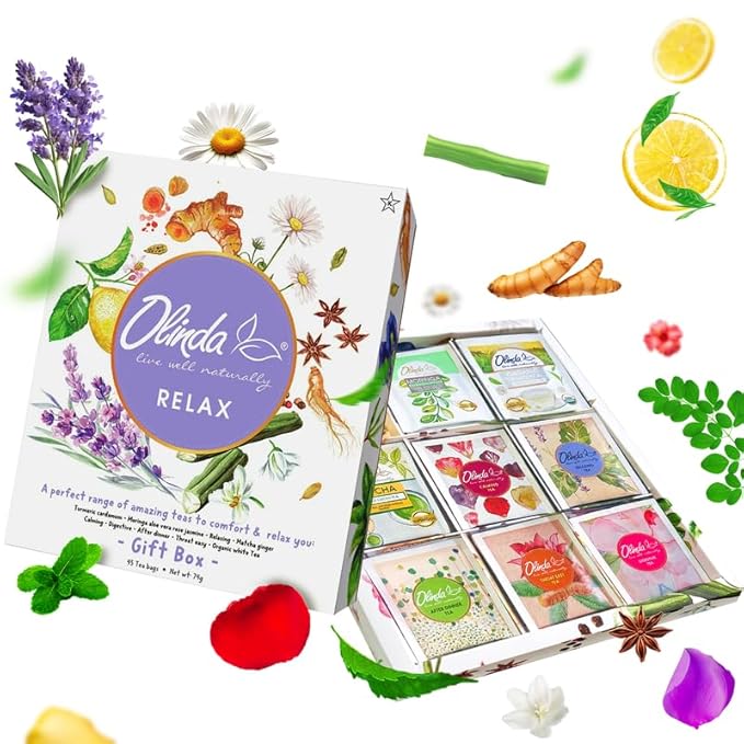 Olinda Relax Tea Sampler Herbal Gift Box 45 Count Assorted Wellness Tea Set 9 Calming Herbal Tea Bags Thoughtful Variety Pack for Stress Relief & Sleep Caffeine Free Birthday Gift for Women - Bloomnest