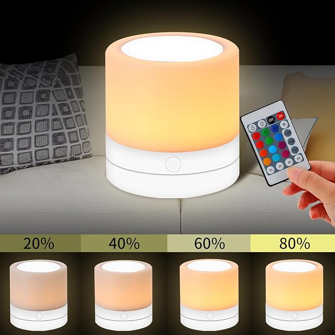 Nursery Night Light for Kids, USB Rechargeable Small Desk Lamp,13 RGB Colors & 4 Brightness & 1 Remote, Touch Bedside Cordless Table Lamp, Portable Night Lamp for Bedroom Living Room (2 Pack White) - Bloomnest