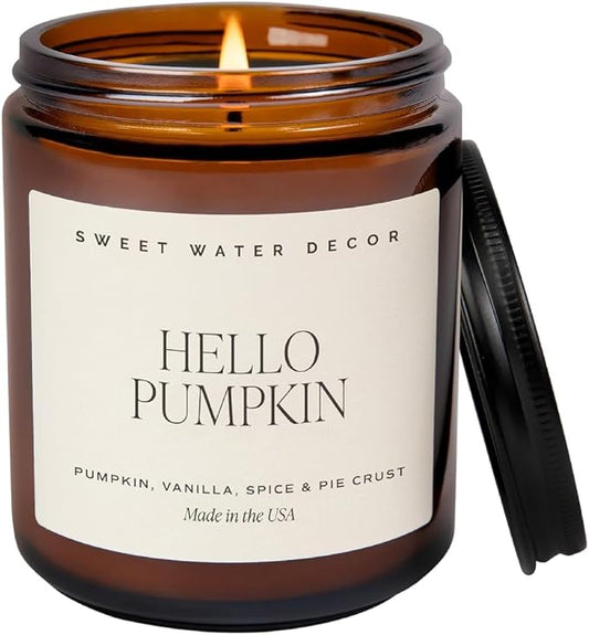 Sweet Water Decor Hello Pumpkin Candle - Fall Soy Candles with Pumpkin, Warm Spices, Vanilla and Buttery Pie Crust - Pumpkin Candles for Home with 40 Hours Burn Time - 9Oz Black Lid Amber Jar Candle - Bloomnest