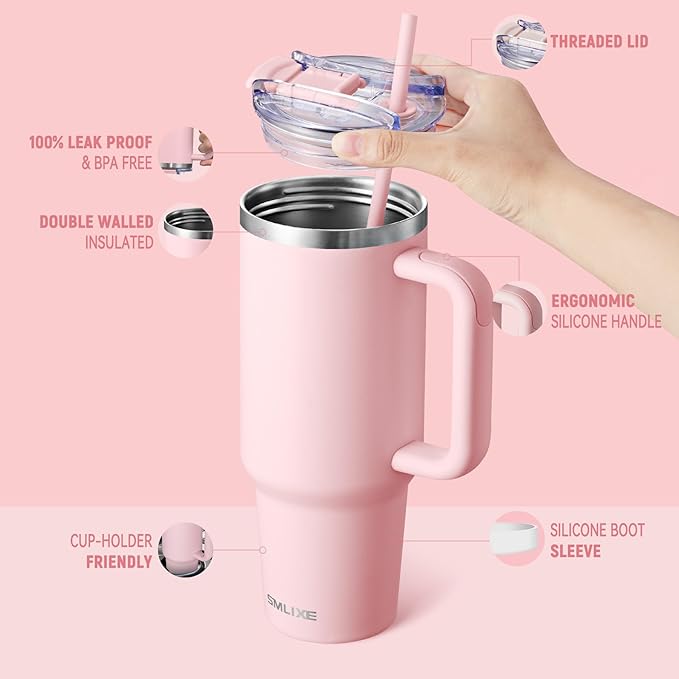 40 oz Tumbler with Handle and Straw Lid,Insulated Reusable Stainless Steel Water Bottle Travel Mug，Cupholder Friendly Double Wall Vacuum Sealed Cup (Pink) - Bloomnest