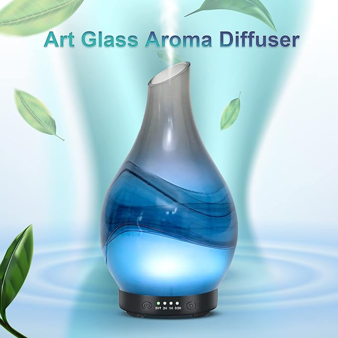 MAXWINER Essential Oil Diffusers Handmade Art Glass Ultrasonic Aromatherapy Diffusers with 7 Colors Lights Changing, Waterless Auto Shut-Off, Time Setting for Home, Office, Room 120ml - Bloomnest