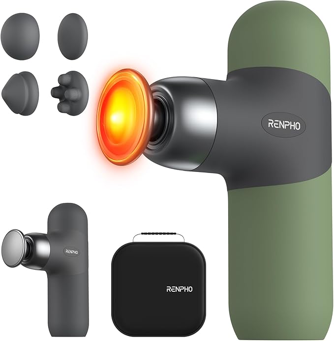 RENPHO Mini Thermal Massage Gun with Heat, Christmas Birthday Gifts for Women Men, Portable Deep Tissue Percussion Massager, Color Silicone Sleeves Travel Size with Carry Case, Olive Drab - Bloomnest