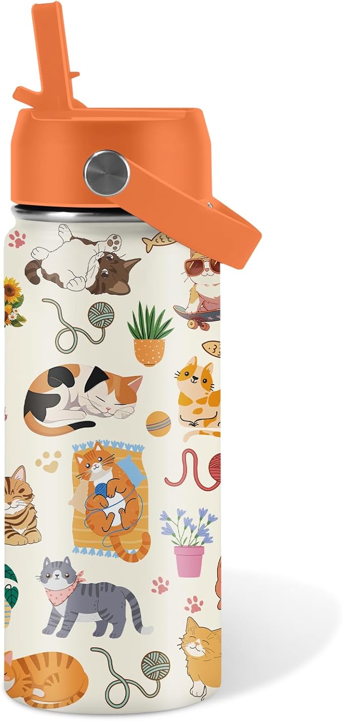 Cat Gifts for Kids - 16 Oz Orange Cat Water Bottle with Straw Lid, Stainless Steel Insulated Tumbler, Leak Proof, for Boys & Girls, School, Travel - Funny Cats Lovers Children Birthday Gifts Cups(1pc) - Bloomnest