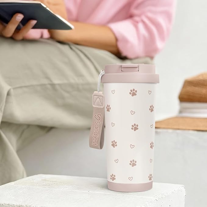 Paw Print Tumbler - Stainless Steel 2-in-1 Lid Coffee Tumbler 18 oz, Insulated Travel Mug Gift for Dog Mom Dog Lovers Women Girls Teens, Birthday Christmas - Bloomnest