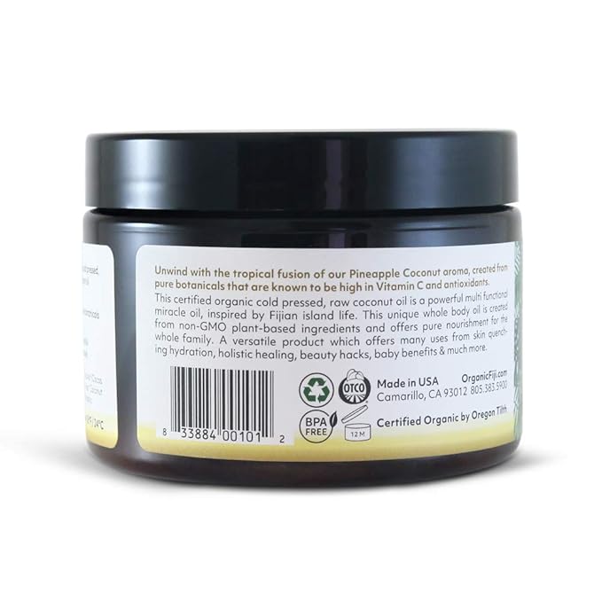 Organic Fiji Raw Cold Pressed Coconut Oil for Hair, Skin, Face & Body | Relaxing Massage Oil | Pineapple Coconut,12 oz for Women Men & Baby - Bloomnest