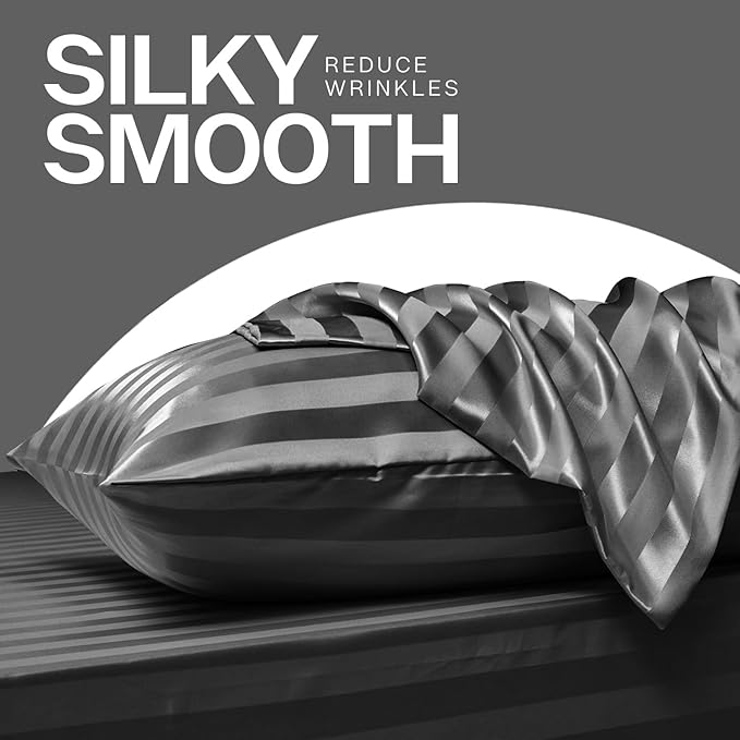 MR&HM Satin Pillowcase for Hair and Skin, Silk Satin Pillowcase 2 Pack, King Size Pillow Cases Set of 2, Silky Pillow Cover with Envelope Closure (20x40, Dark Grey Striped) - Bloomnest