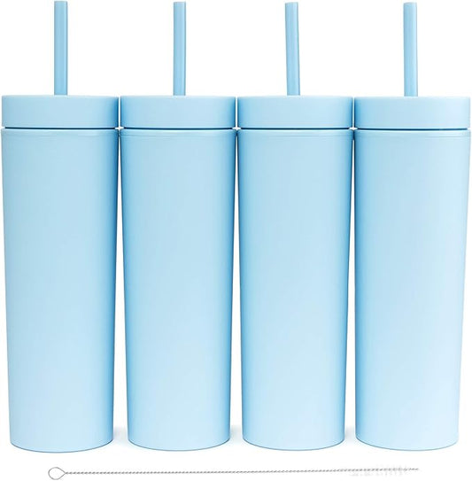 STRATA CUPS Perwinkle Skinny Tumblers with Lids and Straws (4 pack), 16oz Matte Pastel Colored Acrylic Tumblers with Lids and Straws, Double Wall Skinny Tumbler Bulk, Reusable Cup with Straw Cleaner - Bloomnest