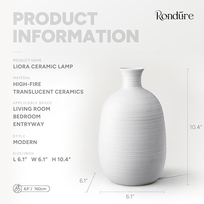 RONDURE 10.4" Modern Ceramic Table Lamp, Fully Dimmable Modern Bedside Lamps for Bedroom, Living Room and Nightstand, White Translucent Ceramic Shade, Warm Ambient Lighting, Corded, Bulb Included - Bloomnest