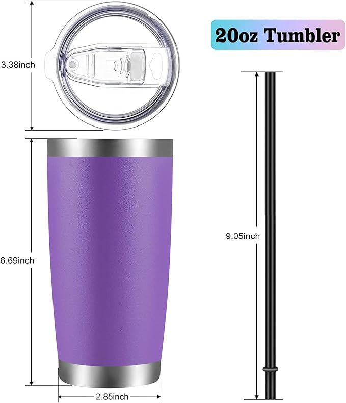 VEGOND 20oz Tumbler with Lid and Straw Stainless Steel Tumbler Cup Bulk Vacuum Insulated Double Wall Travel Coffee Mug Powder Coated Coffee Cup(Purple 6 Pack) - Bloomnest