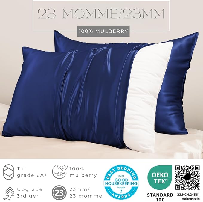 PROMEED 23 Momme Silk Pillowcase 2 Pack with Zipper, 3rd Gen Grade 6A+ 100% Mulberry Silk Pillow Case Set of 2, Cooling Pillow Cases for Hot Sleepers (King 20"x36", Navy) - Bloomnest