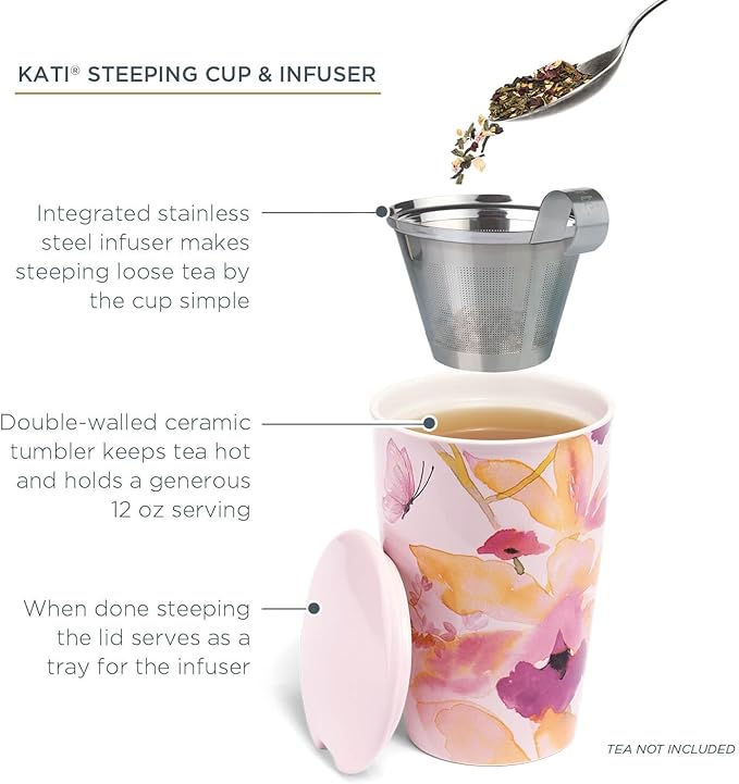 Tea Forte Double-Walled Ceramic Kati Cup, Removable Stainless Steel Infuser Basket and Lid, Steeps 12 oz Loose Leaf Tea, Dishwasher & Microwave Safe, Mariposa - Bloomnest