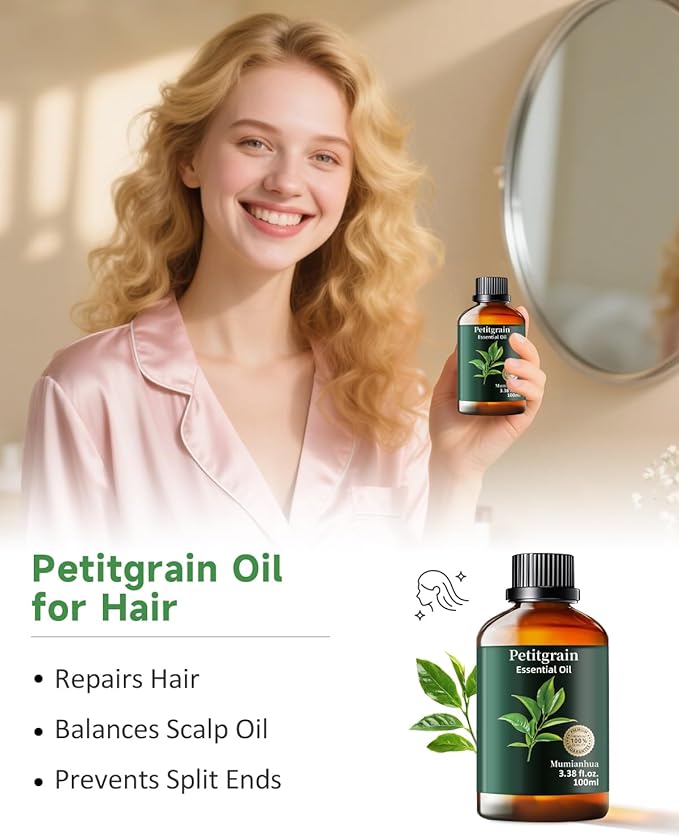 Pure Petitgrain Essential Oil, Mumianhua Natural Petitgrain Oil for Diffuser, Humidifier, Skin, Hair, Aromatherapy, Massage, Daily Calm, Balance Support, Relaxation, Soap, Candle Making 3.38 Fl Oz - Bloomnest