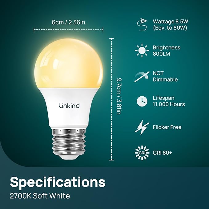 Linkind A19 LED Light Bulbs, 60W Equivalent, 8.5W Energy Efficient, 2700K Soft White Light Bulbs, 800 Lumens Non-Dimmable Bulbs, E26 Standard Base for Bedroom Home Office, 24 Packs - Bloomnest