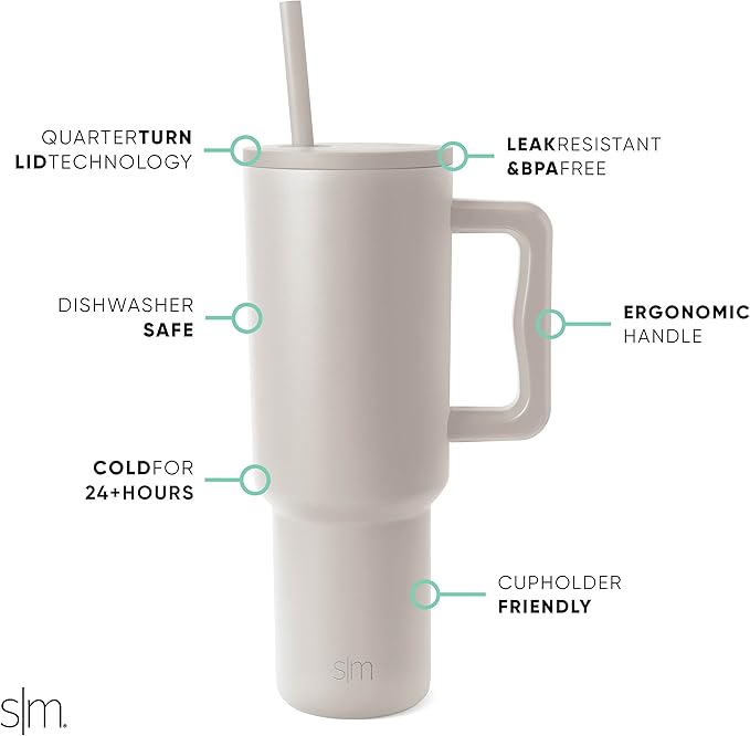 Simple Modern 40 oz Trek Tumbler with Handle and Straw Lid | Cup Holder Friendly Insulated Stainless Steel Travel Mug | Almond Birch SimpleModern