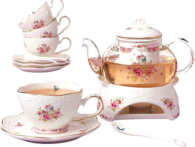 Jusalpha® Vintage Porcelain Flower Series Tea Sets, Tea Cup Saucer Set with Teapot Warmer- Filter and Spoon, 16pcs in 1 set (16pcs set) - Bloomnest