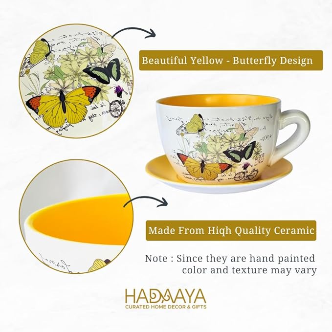 7.5” Round Ceramic Teacup Shape Planter Pot with Saucer for Succulents Orchid Herbs Cactus Indoor Houseplants Flowers for Home Garden and Event Decor Yellow Butterfly Garden - Bloomnest