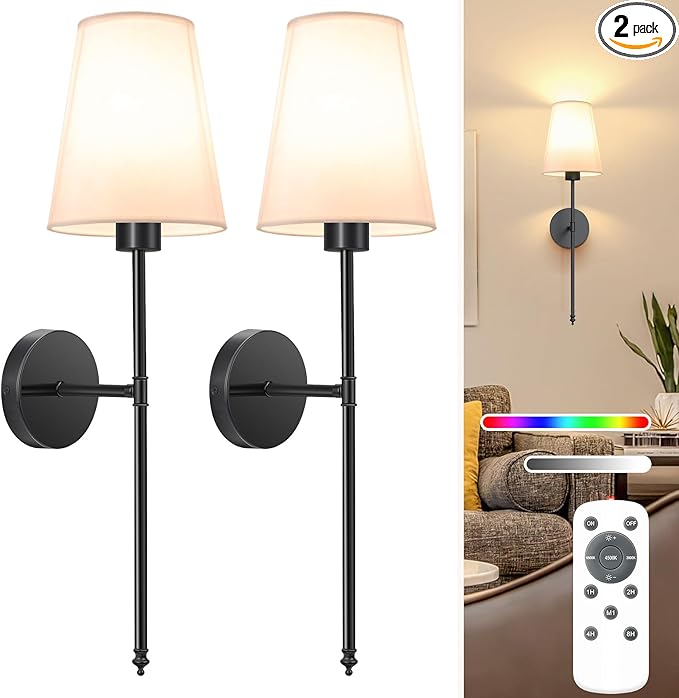 NIORSUN 25.4 inch Battery Operated Wall Sconce Set of 2,Black Rechargeable Wall Lights with 5200mAh Dimmable Detachable Bulbs and Remote,9 Colors Wireless Sconces for Bedroom Living Room Hallway - Bloomnest