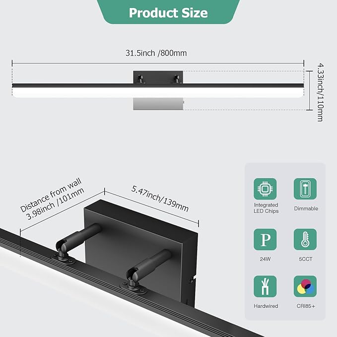 Black Vanity Light 31.5" Long 24W LED Bathroom Light Bar with 5CCT Adjustable Modern Bathroom Vanity Light Fixture for Mirror, Powder Room, Bedroom, Apartment, Hotel - Bloomnest