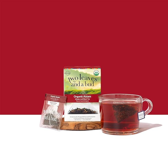 Two Leaves and a Bud Organic Assam Black Tea Bags, Whole Leaf Caffeinated Black Tea in Compostable Sachets, 15 Count (Pack of 1) - Bloomnest