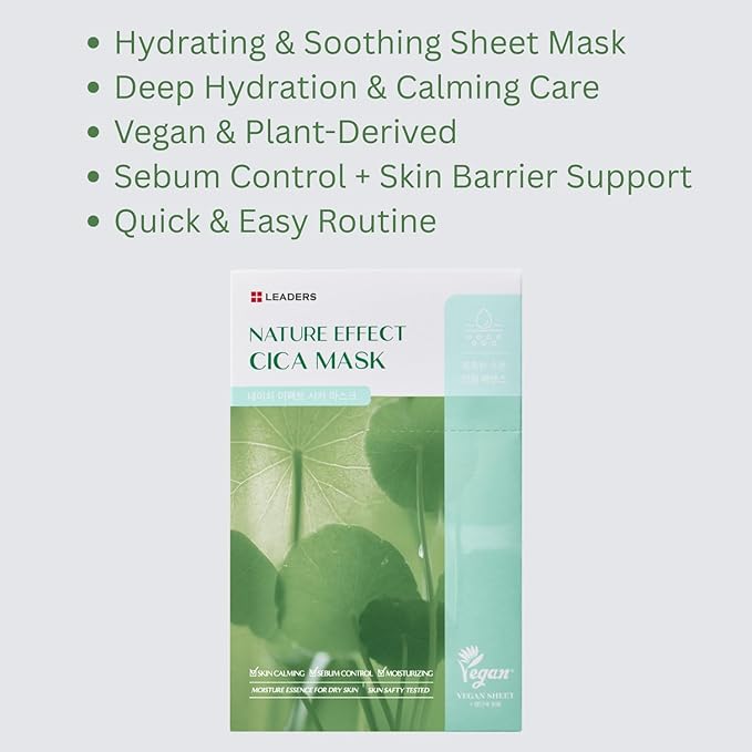 LEADERS Nature Effect Cica Mask – Hydrating & Soothing Face Mask with Cica & Tea Tree Extracts for Healthy Skin, Skin Calming & Moisturizing, Vegan & Plant-Derived, Sebum Control - 10 Sheets - Bloomnest