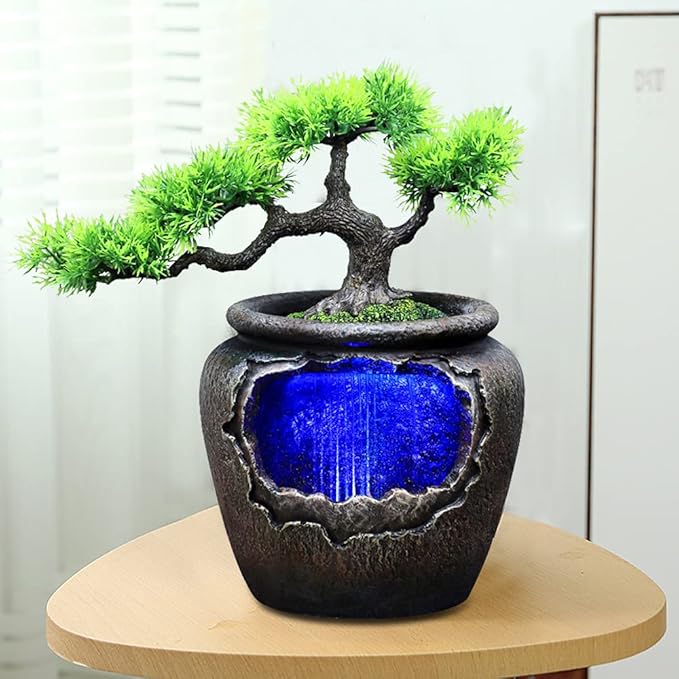 Rockery Fountain Waterfall, Resin Feng Shui with LED Lights Desktop Fountain Waterfall for Indoor Outdoor Home Office Decor - Bloomnest
