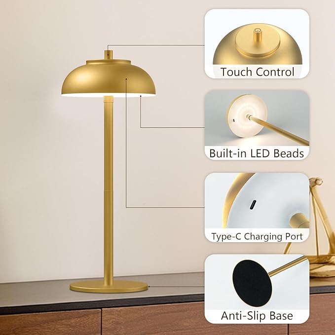 2 Pack Led Cordless Table Lamp: Modern Portable Desk Lamp for Indoor/Outdoor Use, 3 Color Dimming Rechargeable Battery Lights for Dining Room, Living Room, Patio, Camping(Gold) - Bloomnest