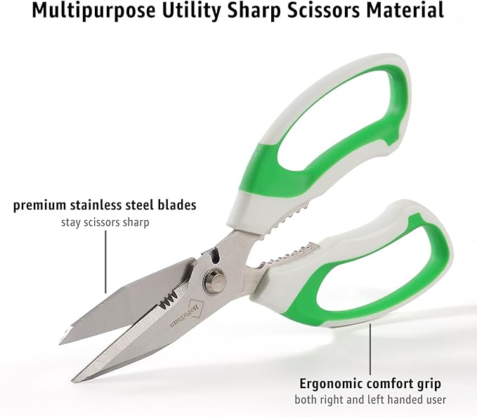8-Inch Heavy Duty Utility Scissors All Purpose, Serrated Blade, Green Comfort Grip for Cutting Carpet, Cardboard, Leather, Fabric, Multipurpose Sharp Shears for Kitchen, Garden, Office, Carft - Bloomnest