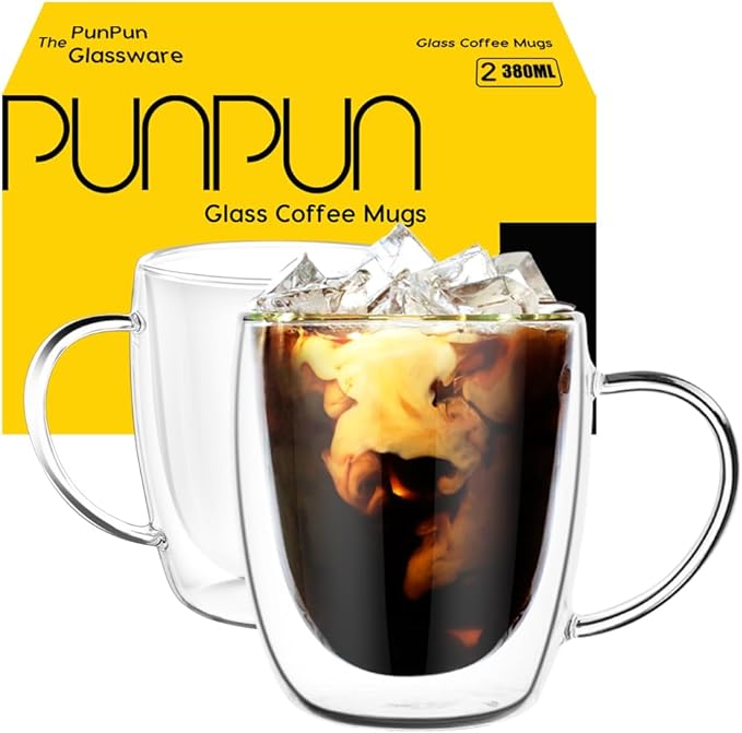 PunPun Coffee Cups Clear12.9OZ. 380ml Coffee Mugs, Espresso Cups,Double Wall Milk Cup with Big Handle,Perfect Mug for Hot Beverages, Latte, Cappuccinos Set of 2 - Bloomnest