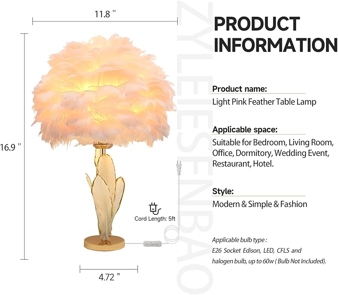 Pink Feather Lamp Goose Furry Table Lamp Princess Modern Fluffy Desk Lamp Simple Wedding Decor Romantic Bedside Night Light for Girl Bedroom Living Room Hotel - Bloomnest