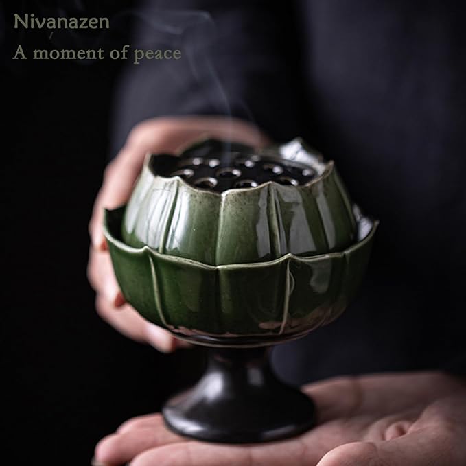 Ceramic Incense Holder with Lid,Lotus Incense Cone Holder for Coil Incense and Powder Incense,Mediation Gift,Home Decor (Deep Green) - Bloomnest