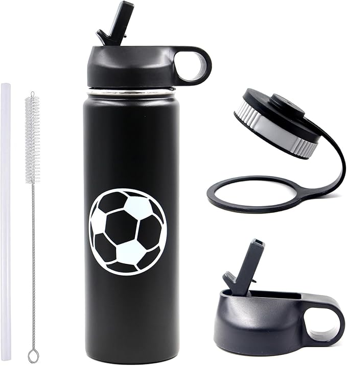 22 oz Soccer Water Bottle with Straw, Sports Flask Metal Travel Tumbler with 2 Lids, BPA Free Stainless Steel Double Wall Vacuum Insulated Leak Proof Thermo Water Bottles, Soccer Gifts for Boys Girls - Bloomnest
