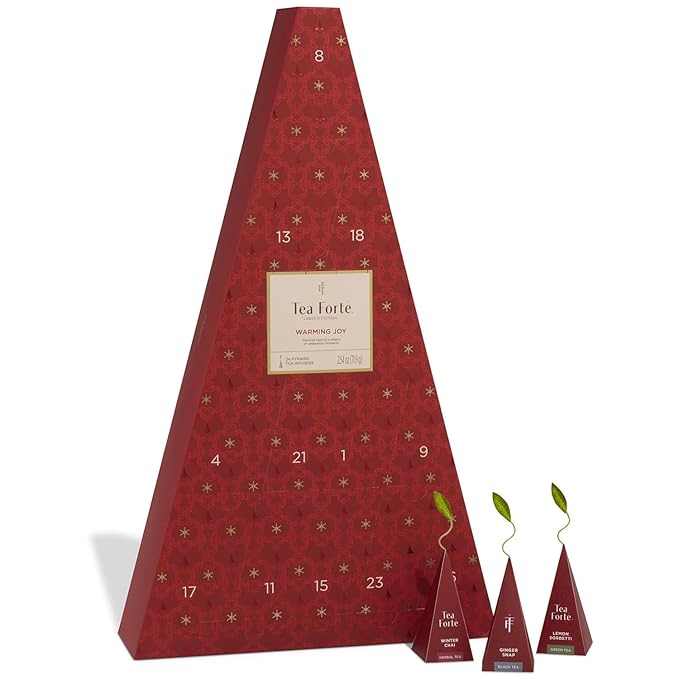 Tea Forte Tea Advent Calendar Gift Set; 24 Individually Wrapped Handcrafted Assorted Pyramid Infuser Tea Bags with Numbered Doors, Warming Joy - Bloomnest