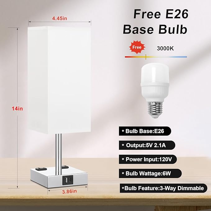 Touch Bedside Table Lamp for Nightstand - 3-Way Dimmable Night Lamp with USB A + Type C Charging Ports and Two AC Outlets, Small Desk Light with E26 LED Bulb for Bedroom Living Room Dorm Office,White - Bloomnest