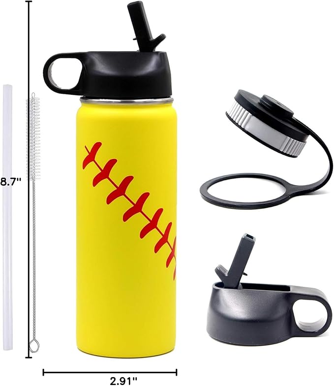 18 oz Softball Water Bottle, Wide Mouth Sports Flask Metal Travel Tumbler with 2 Lids, Stainless Steel Double Wall Vacuum Insulated Leak Proof Thermo Water Bottles, Softball Stuff Gifts for Mom Girls - Bloomnest