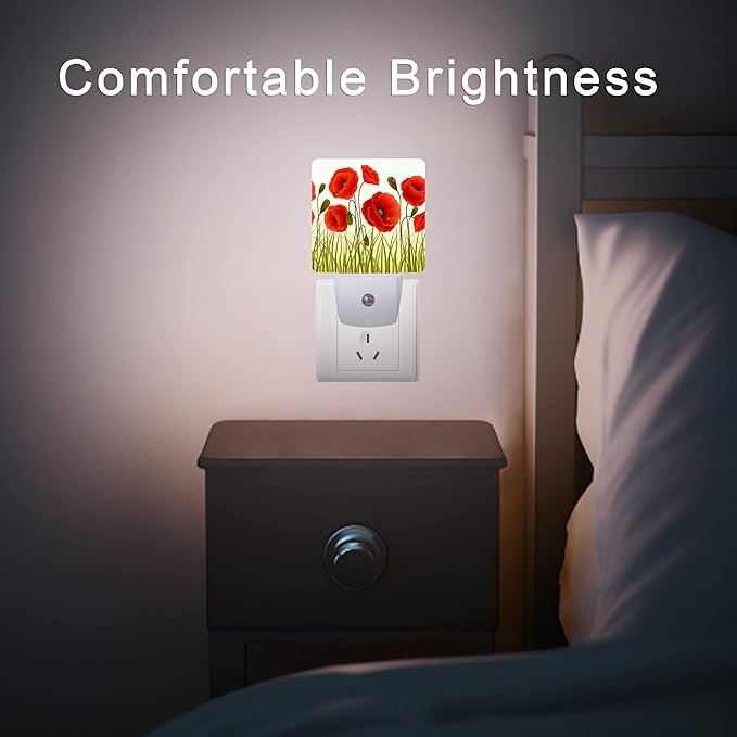 Red Flowers Night Light,Red Poppy Flowers and Ladybugs Plug-in Night Lights with Dusk-to-Dawn Sensor for Stairway/Hallway/Bedroom Sleep Friendly lamp for Women/Girls/Boys Gift,0.5W - Bloomnest