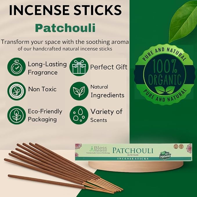 Bless-Patchouli 100%-Natural-Handmade-Hand-Dipped Organic-Chemicals-Charcoal-Free Purification-Relaxation-Positivity-Yoga-Meditation Best-Woods-Scent (80 Sticks (4.20 OZ)) BlessInternational