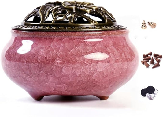 Ceramic Incense Burner with Incense Stick Holder + Insulation use for Stick or Coil Incense, Sage Cones and Frankincense (Violet) - Bloomnest