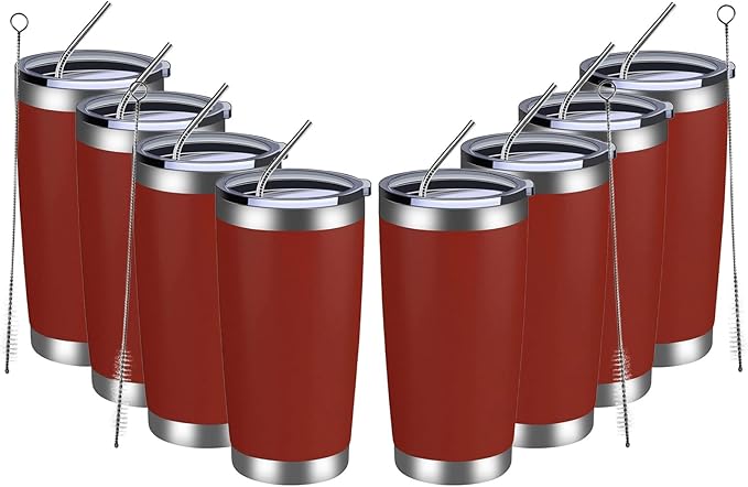 MEWAY 20oz Tumbler 8 Pack Double Wall Vacuum Insulated Travel Mug Bulk, Stainless Steel Tumblers with Lid and Straw, Powder Coated Coffee Cups for Cold & Hot Drinks (Red, Set of 8) - Bloomnest